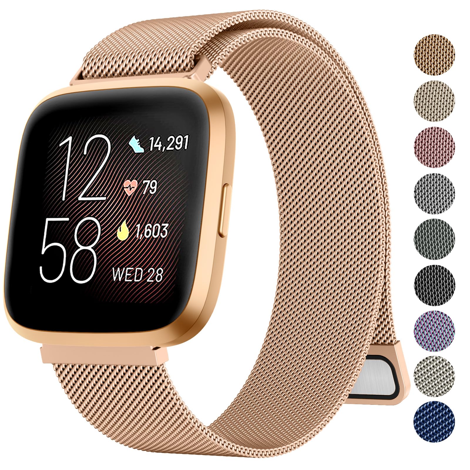 Metal Strap for Fitbit Versa 2, Versa Lite, and Versa - Breathable Stainless Steel Mesh Loop Adjustable Wristband for Women and Men (Rose Gold, Small for 140mm - 215mm Wrists)