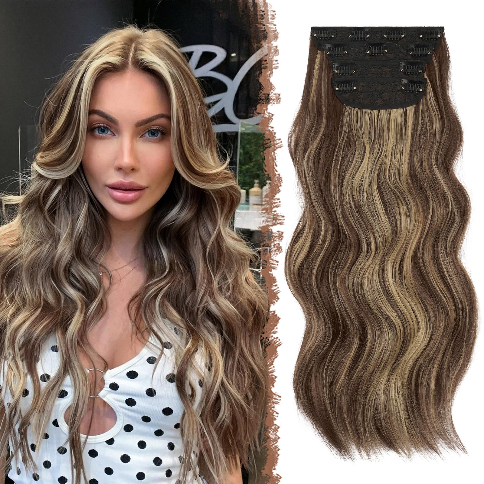 FESHFEN Clip-In Extensions, 4 Pieces 50 cm Hair Extensions with Clips, Synthetic Wavy Hair Extensions, Medium Brown/Blonde Highlights, Wavy Hair Extensions, Clip in Hairpiece for Women, 180 g