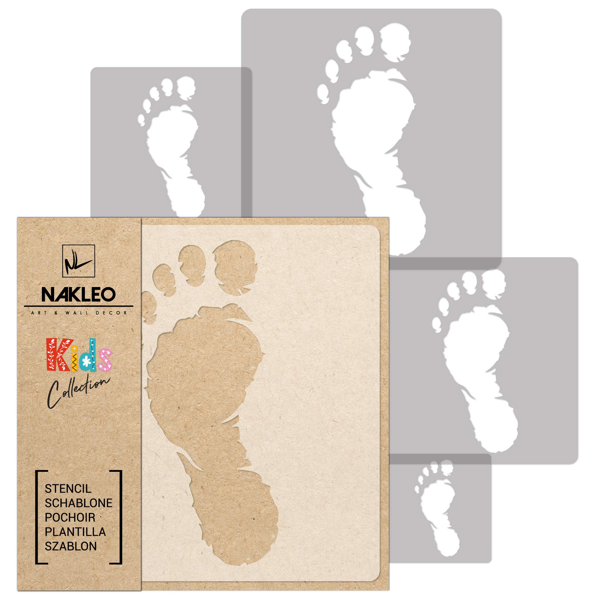 NAKLEO Painting Stencils Set for Nursery Room, 5 Pcs Templates 9x9 to 34x34cm Foot Footprint Fingers, Plastic and Reusable Drawing Stencils, Decor, Craft DIY Wall Furniture