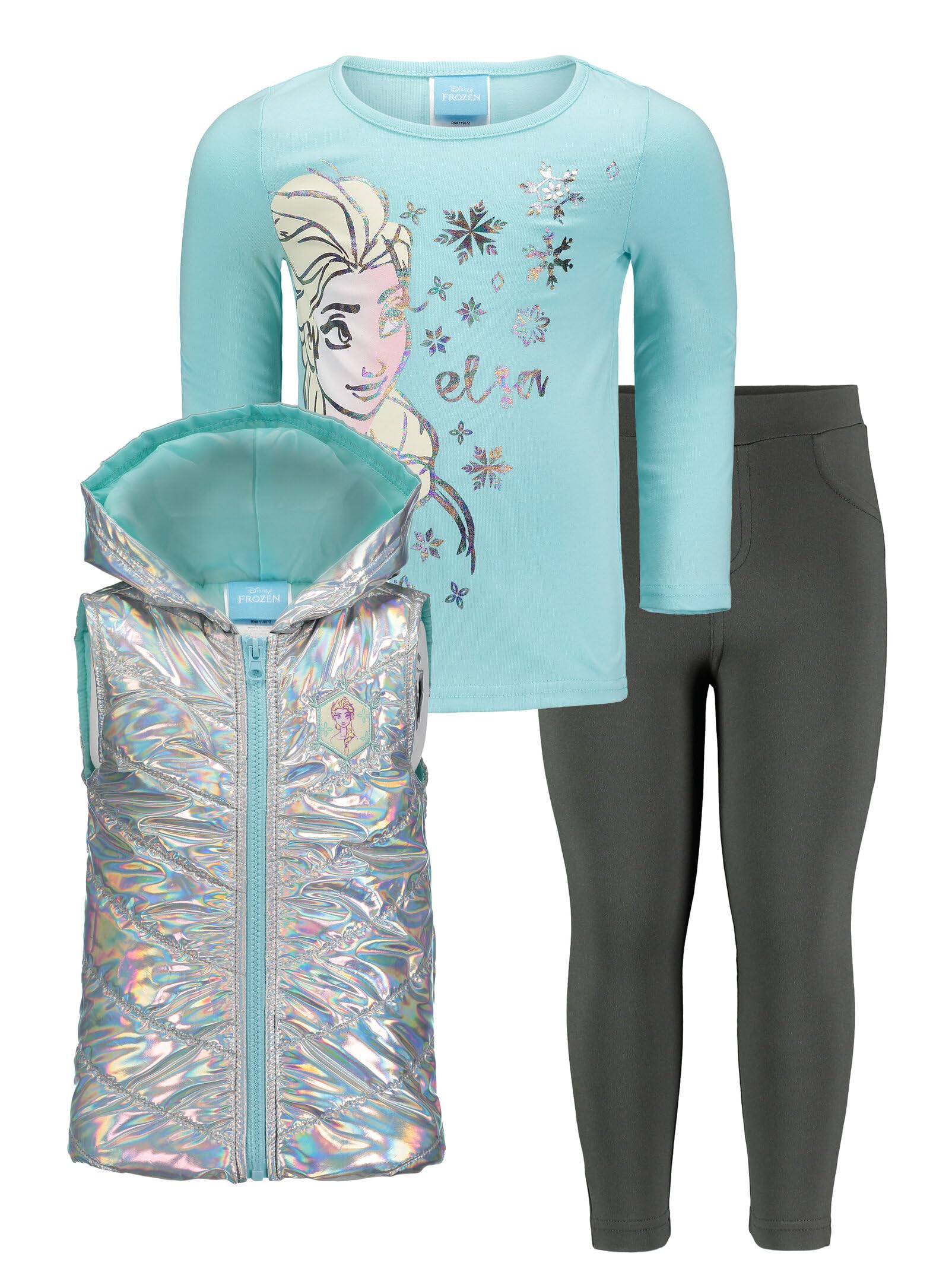 Disney Frozen Princess Anna Queen Elsa Girls Zip Up Vest Puffer T-Shirt and Leggings 3 Piece Set Toddler to Big Kid