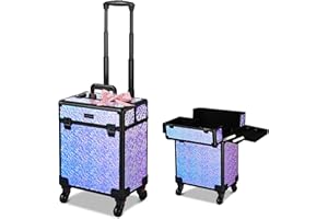 BYOOTIQUE Rolling Makeup Train Case Aluminum Cosmetic Case Portable Makeup Organizer Suitcase with Wheels 4 Tray Cosmetology Trolley Traveling Trunk for Makeup Artist Nail Tech Barber, Mermaid Purple