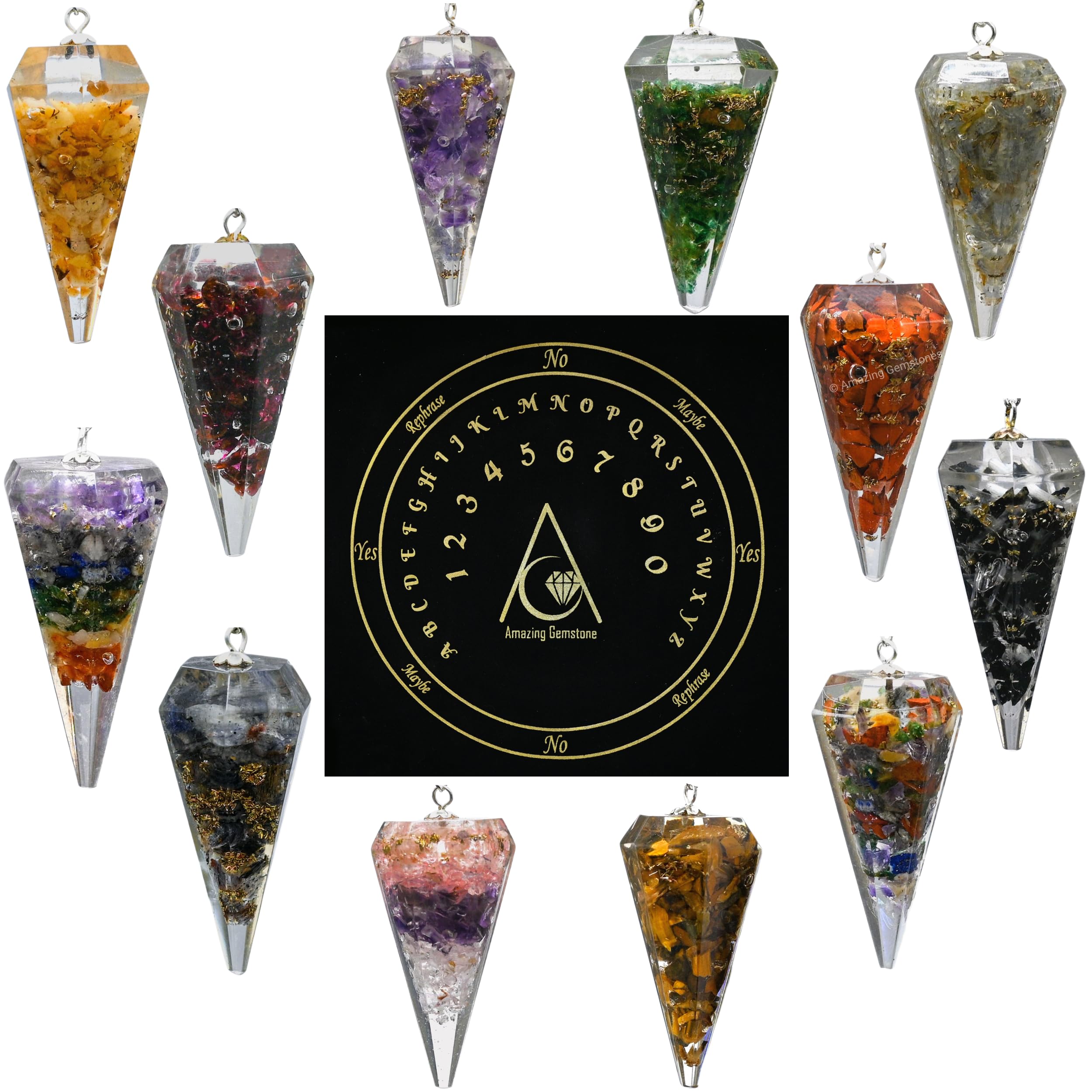 Orgone Crystal Pendulums Bulk Set with Board