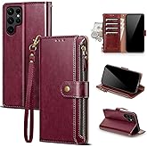 Scutumate Compatible with Samsung Galaxy S24 Ultra 5G Wallet Case with Card Holder RFID Blocking Zipper PU Leather Phone Case Flip Protective Cover Wrist Strap Credit Card Slots Men Women,Wine Red