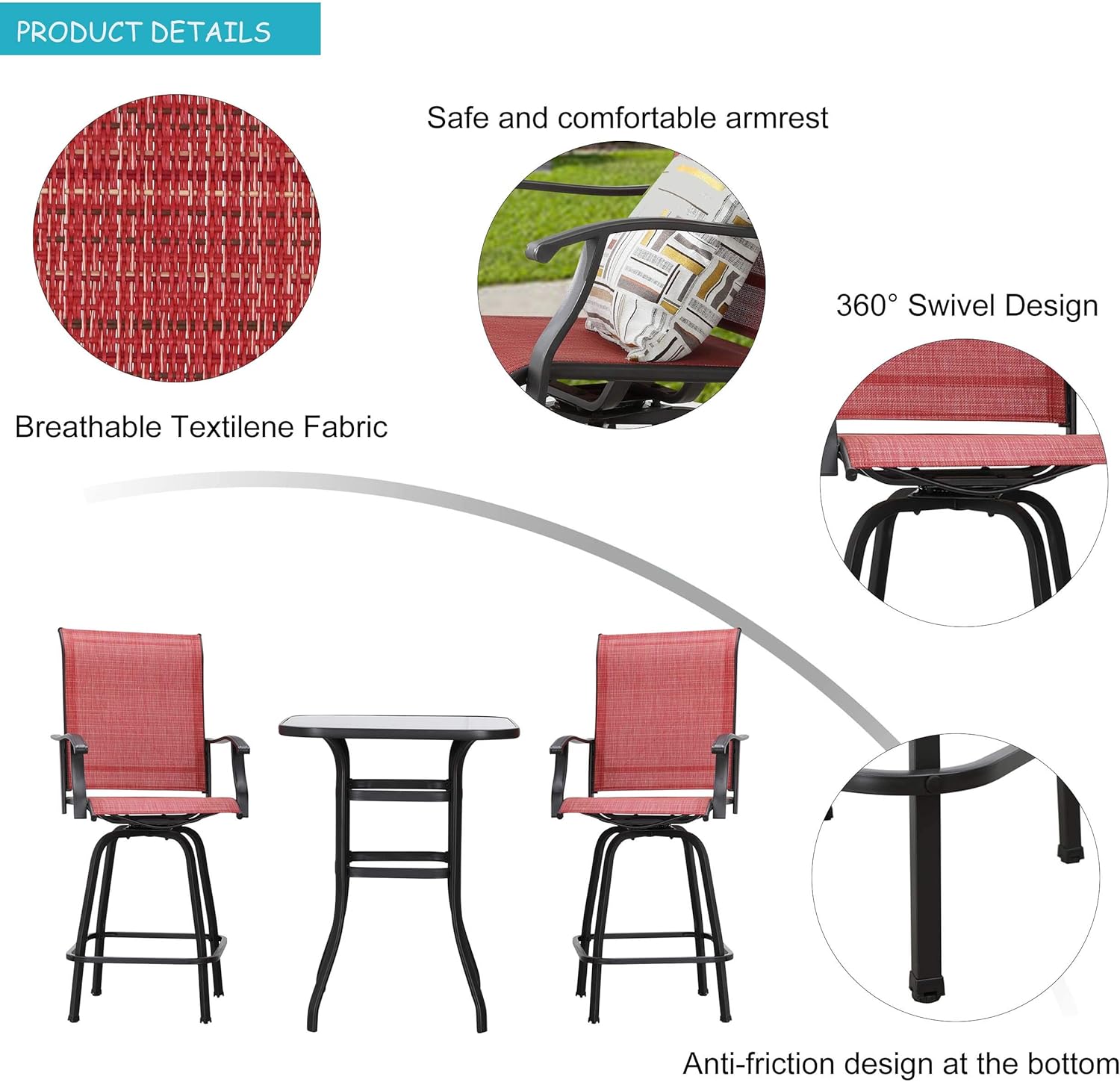 LOKATSE HOME 3 Pcs Bar Stools Set 2 High Swivel Chairs and 1 Height Outdoor Bistro Table, Patio Furniture, Red Tesling Fabric : Garden & Outdoor
