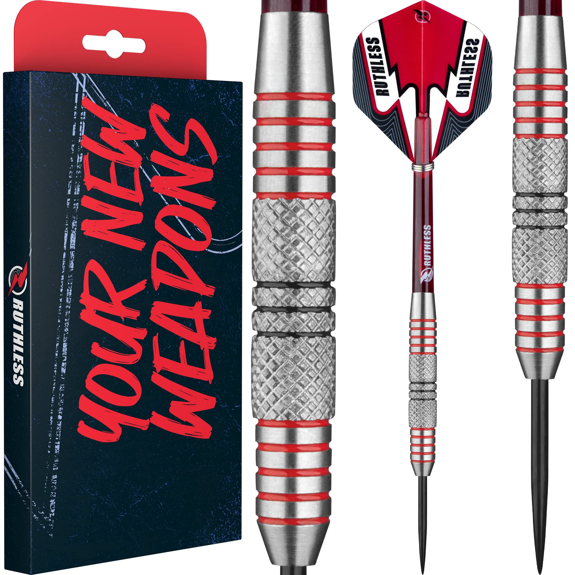 RUTHLESS Winners Darts | 90% Tungsten Steel Tip Darts | Ring and Knurl 28g