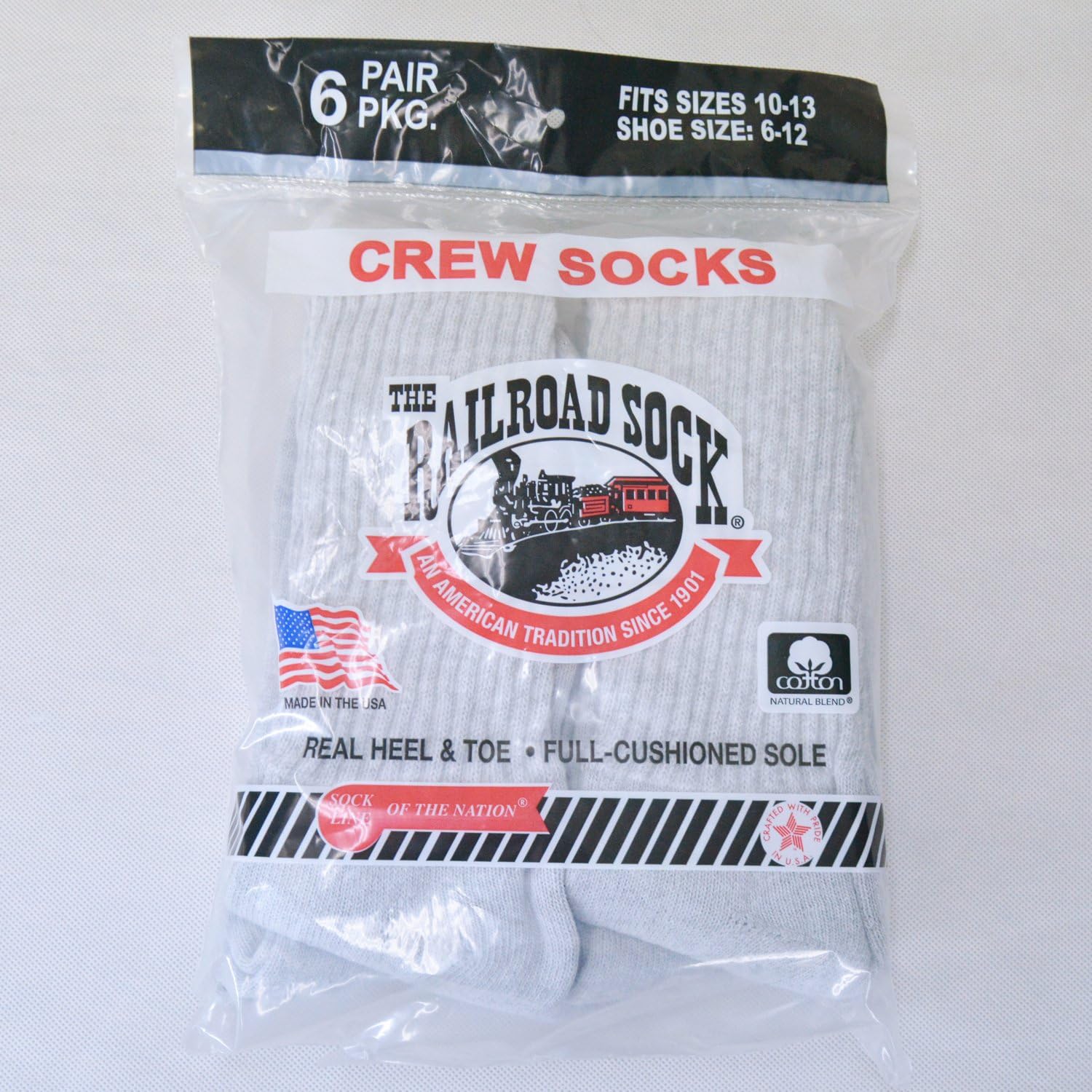 New Railroad Sock Men's Cotton Cushioned Crew Socks 6 Pack Gray 6072
