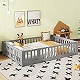 Full Size Floor Bed with Door and Fence for Kids, Montessori Floor Bed with Slats and Safety Guardrails,Solid Wood Floor Bed Frame Full Size for Girls Boys(Full,Gray)