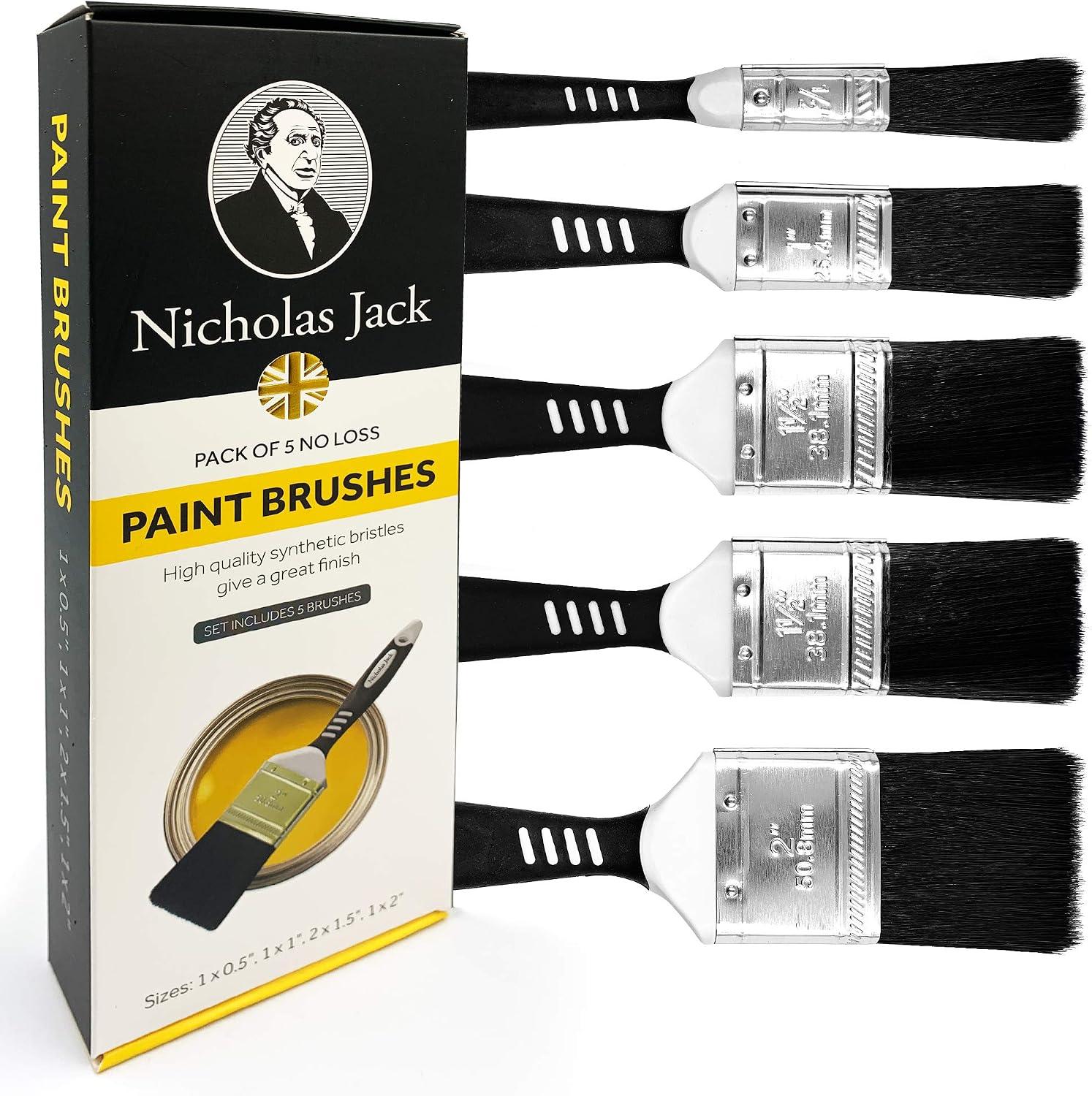 Paint Brush Set with No Bristle Loss Pack of Paint Brushes for DIY Wood Gloss Wall Furniture Indoor & Outdoor Painting - Free Decorating Guide (Set of 5 Paint Brushes)