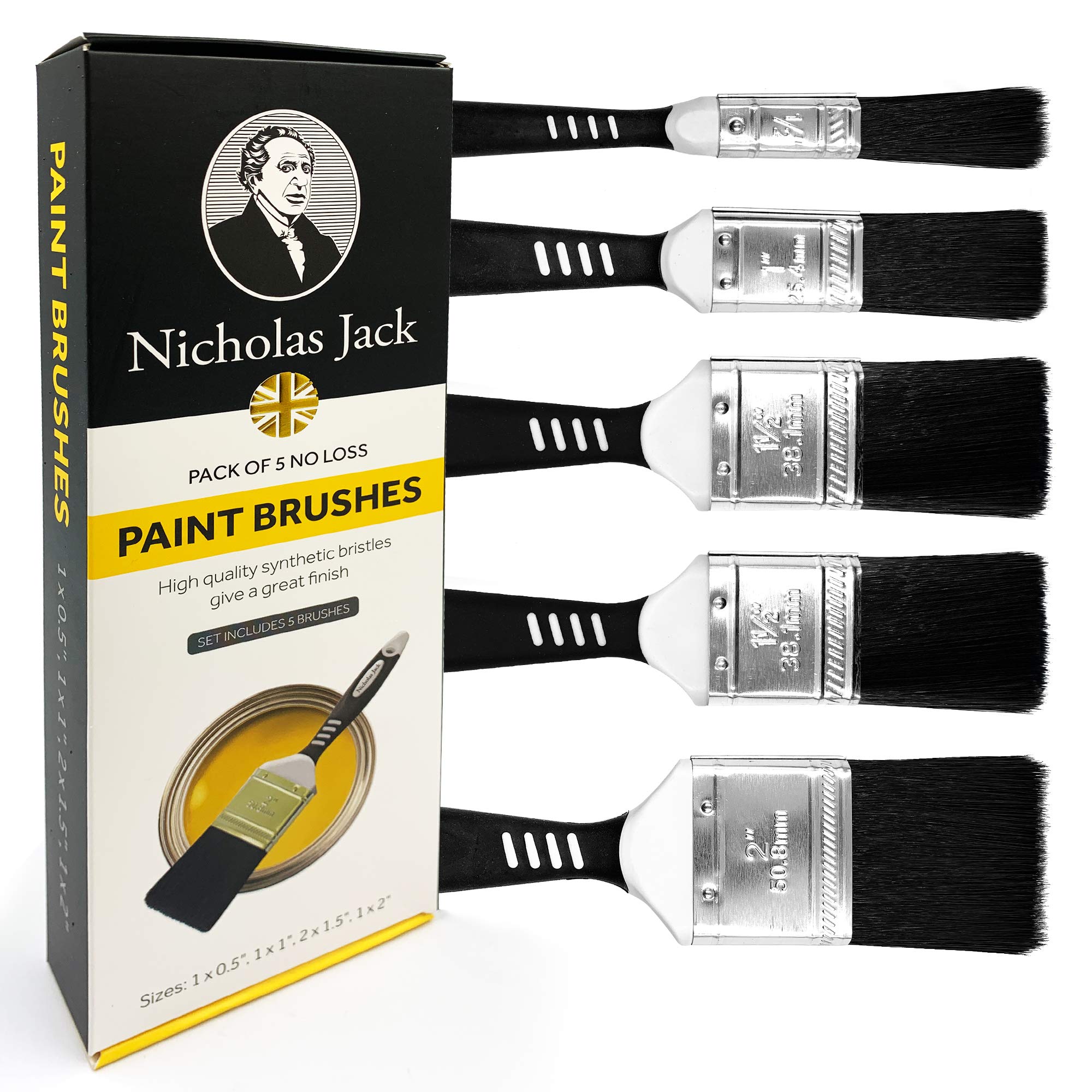 Paint Brush Set with No Bristle Loss Pack of Paint Brushes For DIY Wood Gloss Wall Furniture Indoor & Outdoor Painting - FREE Decorating Guide (Set of 5 Paint Brushes)