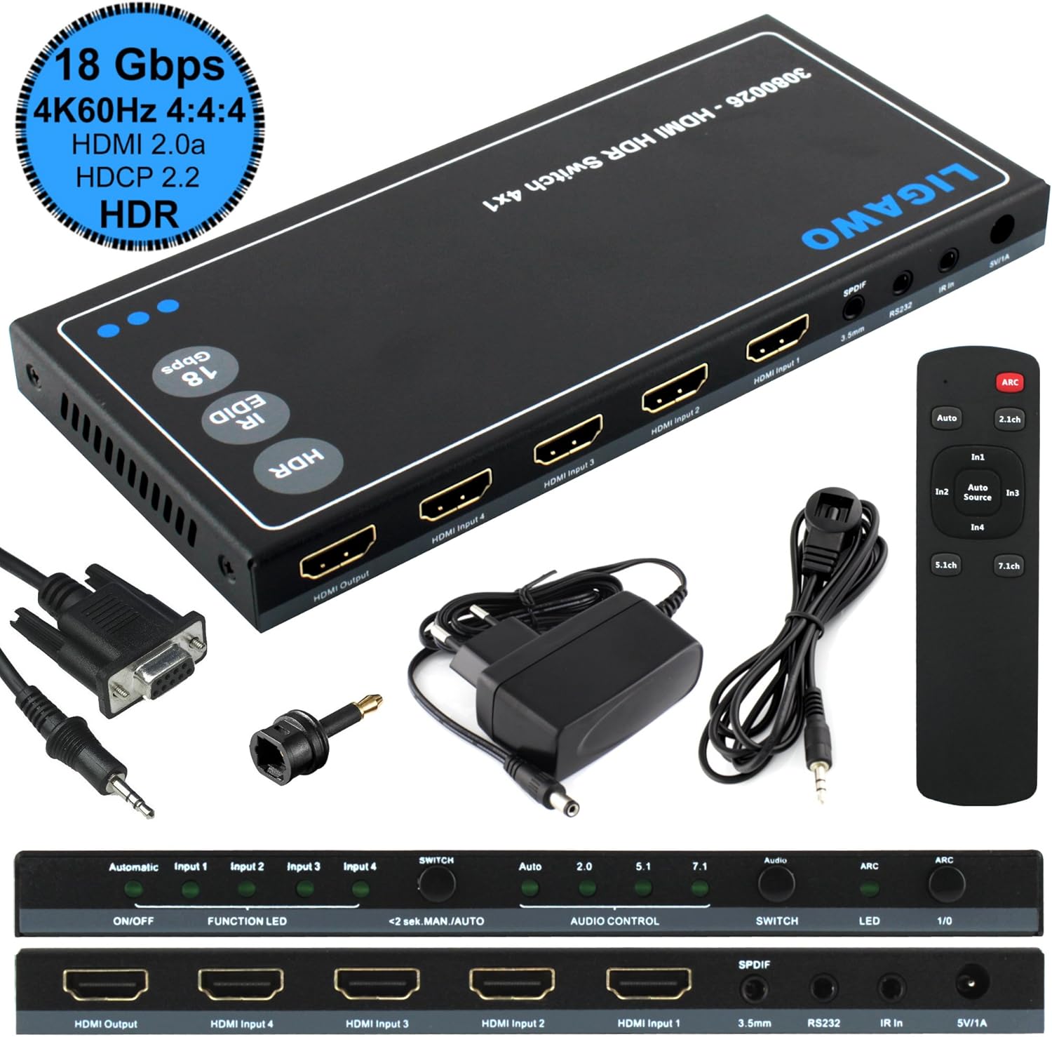 HDR HDMI Switch 4 x 1, 18Gbps 4 K 60Hz 4: 4: 4 EDID Audio Out + Audio SPDIF or 3.5 mm Jack/RS232 Software Controller + Remote Control - Image 3