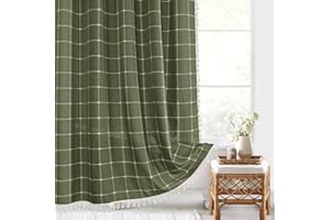 Gibelle Green Boho Farmhouse Shower Curtain with Tassels, Rustic Cottagecore Aesthetic Bohemian Chic Modern Bathroom Decor Thick Waffle Textured Fabric Shower Curtain Set with Hooks, 72x72