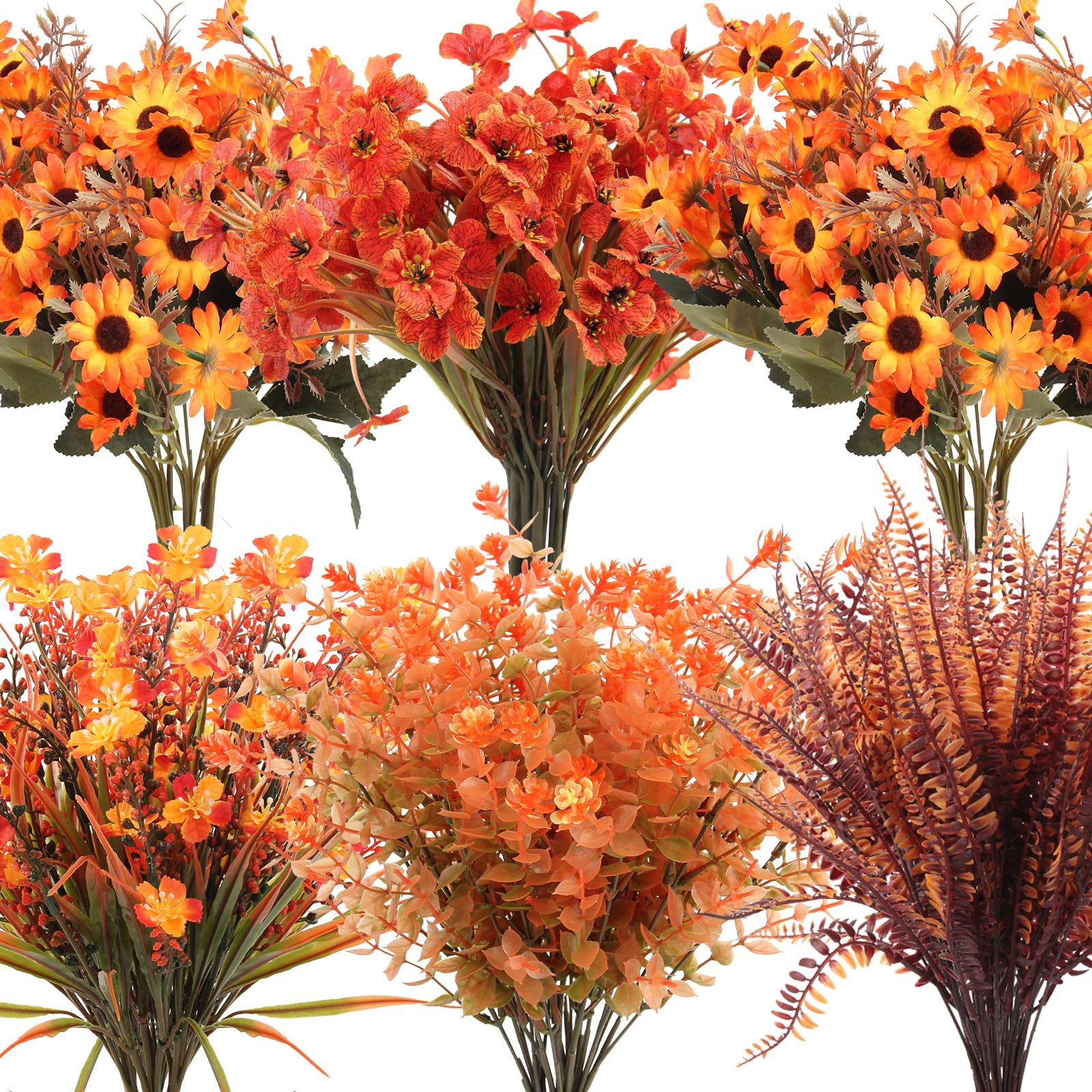 Photo 1 of 18 Bundles Artificial Fall Flowers for Outdoor Decor - UV Resistant Fake Mums Boston Fern & Faux Eucalyptus Plants for Indoor Autumn Decorations, Porch, Garden, Fireplace, Thanksgiving Window Box