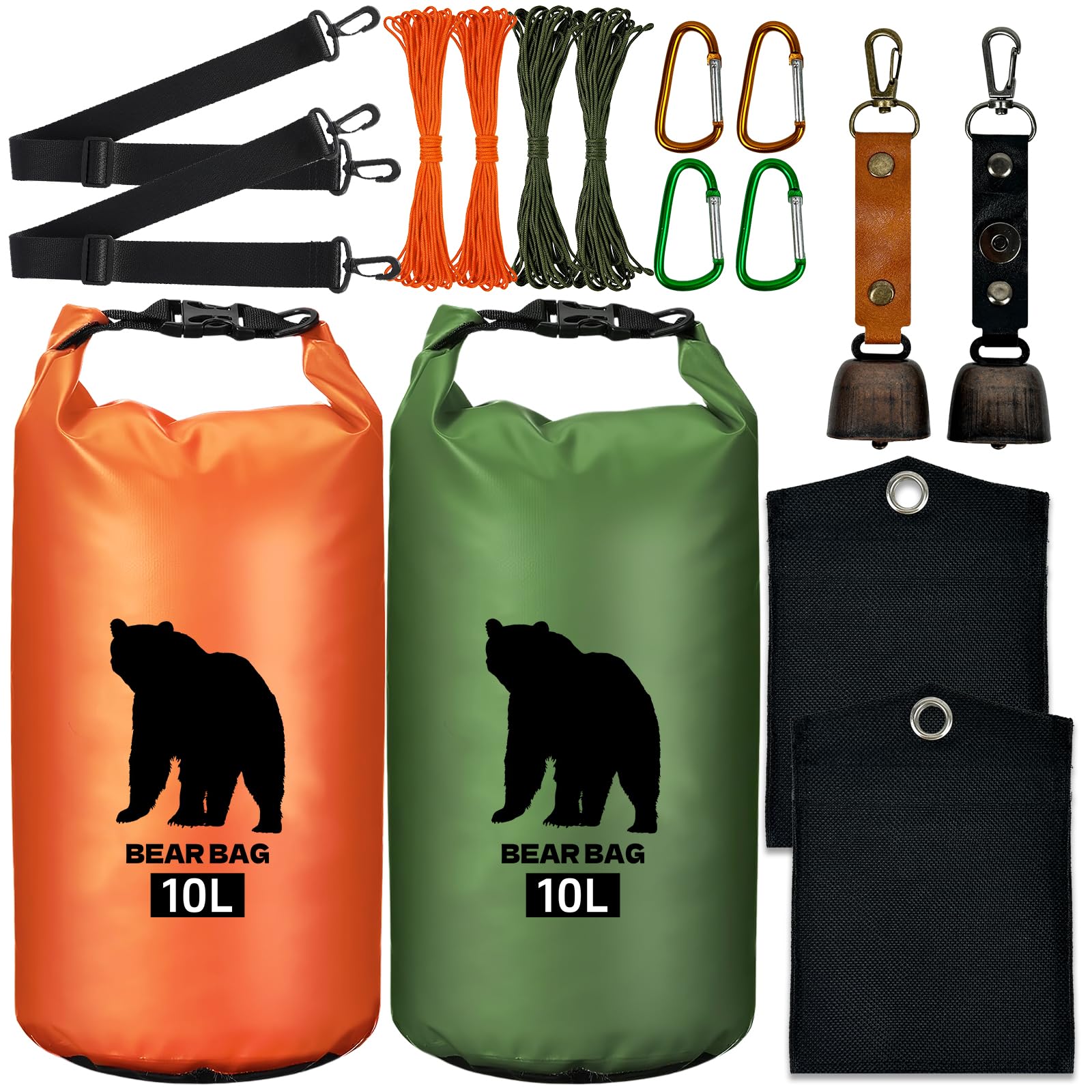 Photo 1 of 2 Pcs 10L Waterproof Bear Bags with 4 Nylon Ropes, 4 Clips & 2 Rock Pockets & 2 Small Warning Bells for Hanging Food securely. Ultralight Camping Food Bag System.(Orange+Green?10L)