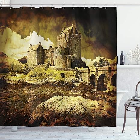 Amazon 中世のシャワーカーテン 古いスコットランドの城ビンテージスタイルヨーロッパ中世文化遺産の町の写真 フック セピアの布生地のバスルームの装飾セット 180x180 Cm シャワーカーテン ホーム キッチン オンライン通販