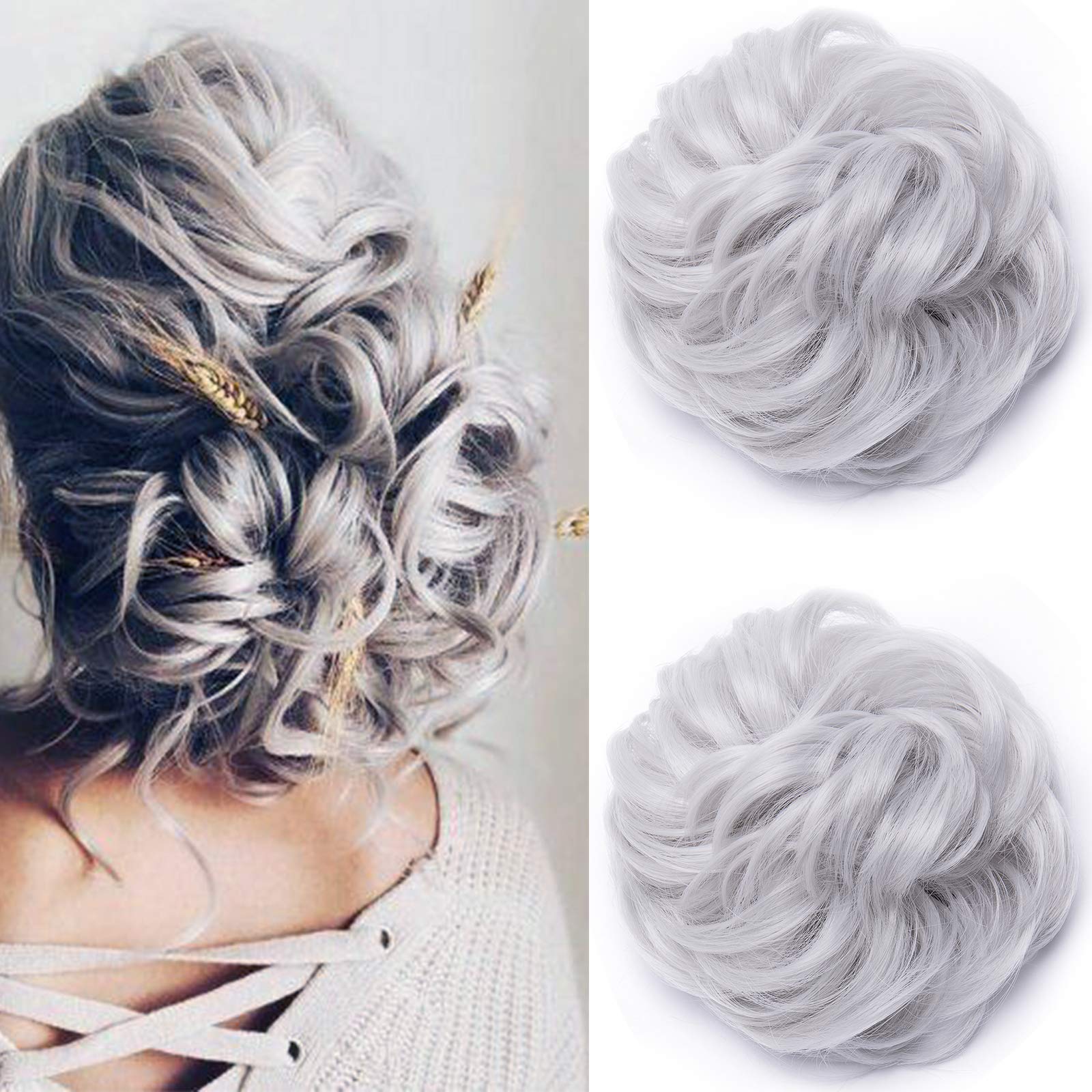 Synthetic Hair Bun Extensions 2Pcs Messy Hair Scrunchies Hair Pieces for Women Hair Donut Updo Ponytail -Grey — image 1