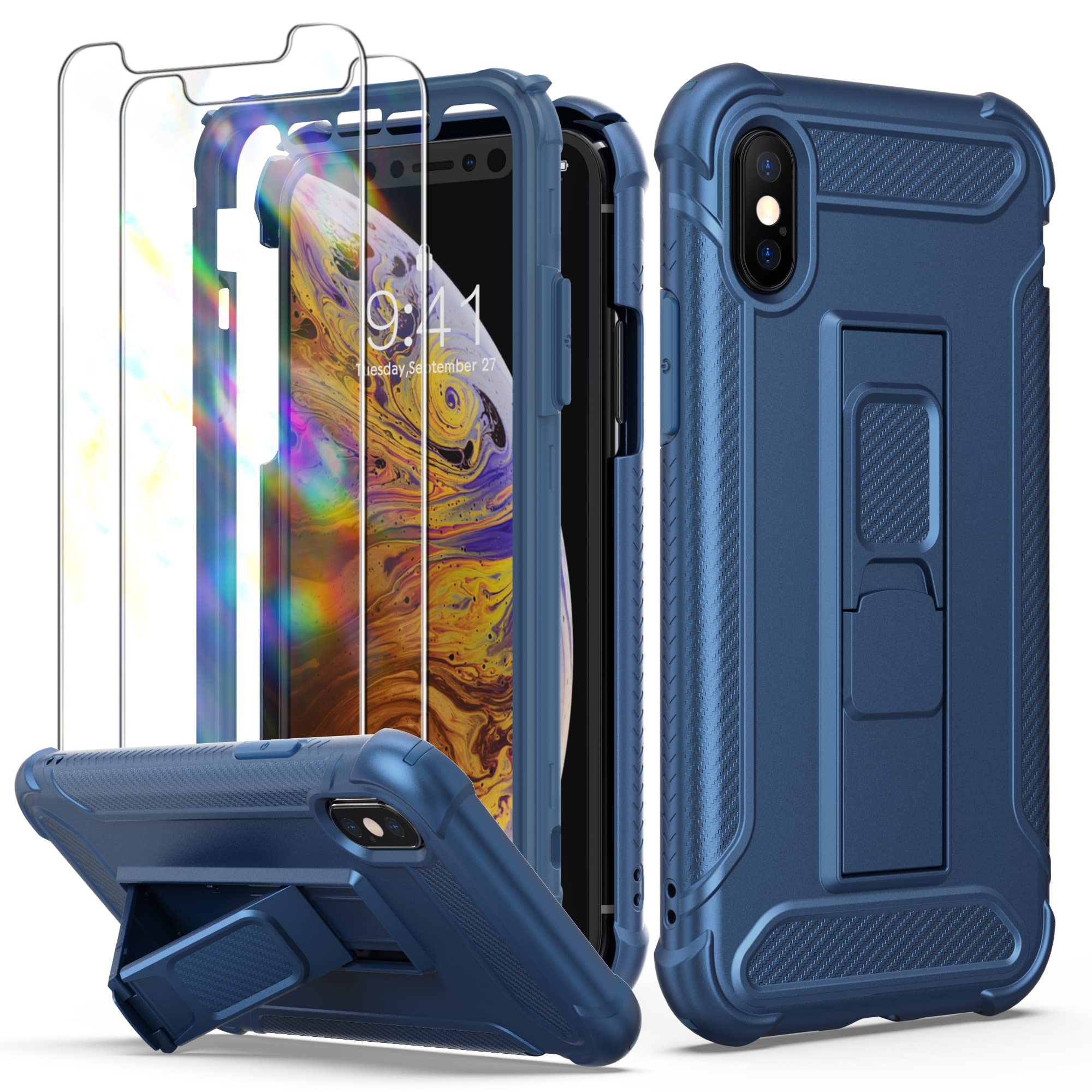 ORETECH Designed for iPhone X Case, and [2 x Tempered Glass Screen Protectors] [Heavy Duty Protection] [Kickstand & Phone Holder] Full Body Shockproof Protective Cover for iPhone XS - Blue — image 1