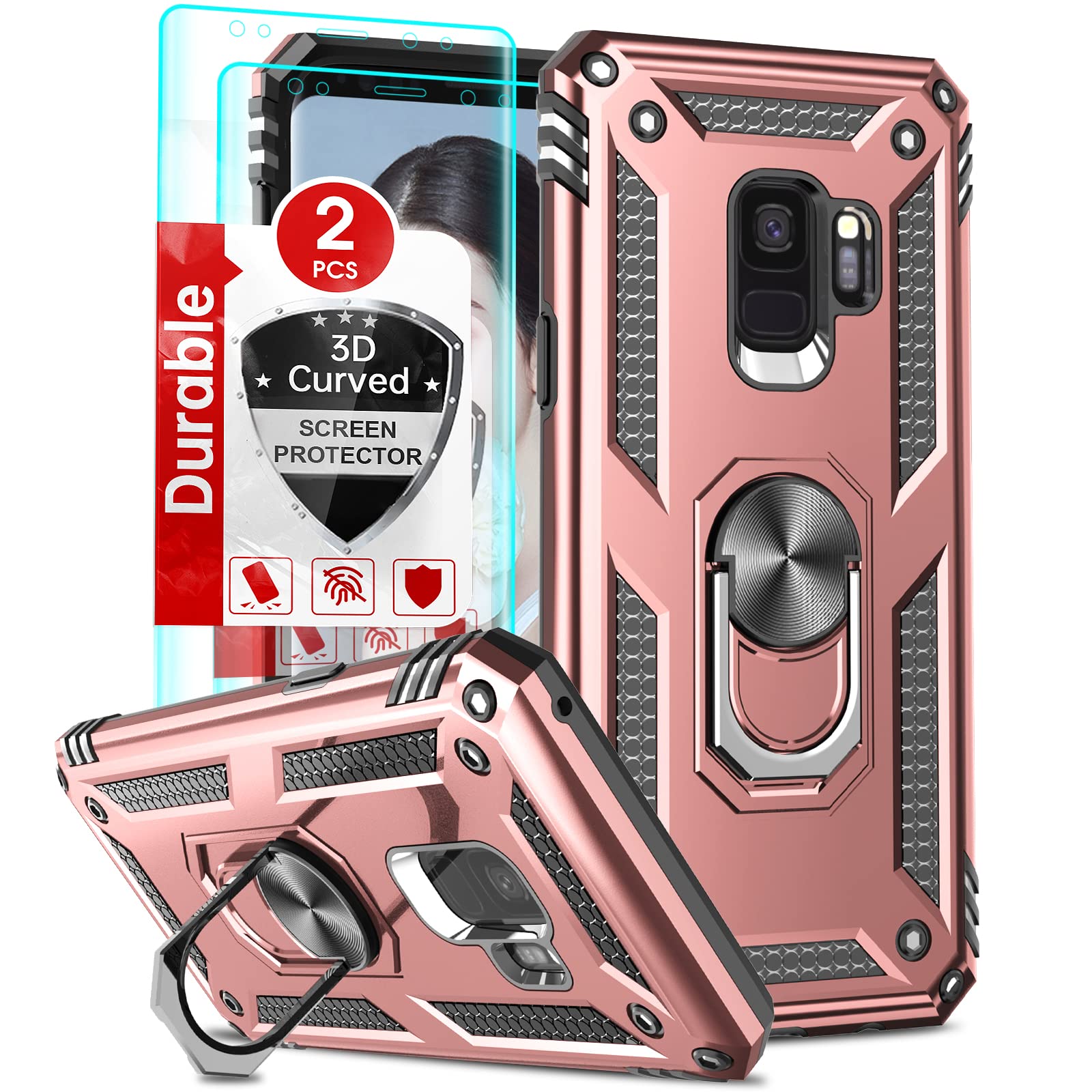 Photo 1 of LeYi for Samsung Galaxy S9 Case (Not Fit S9 Plus), Samsung S9 Case with [2 PCS] 3D Curved Screen Protector for Men Women, [Military-Grade] Metal Ring Kickstand Protective Phone Cover, Rose Gold