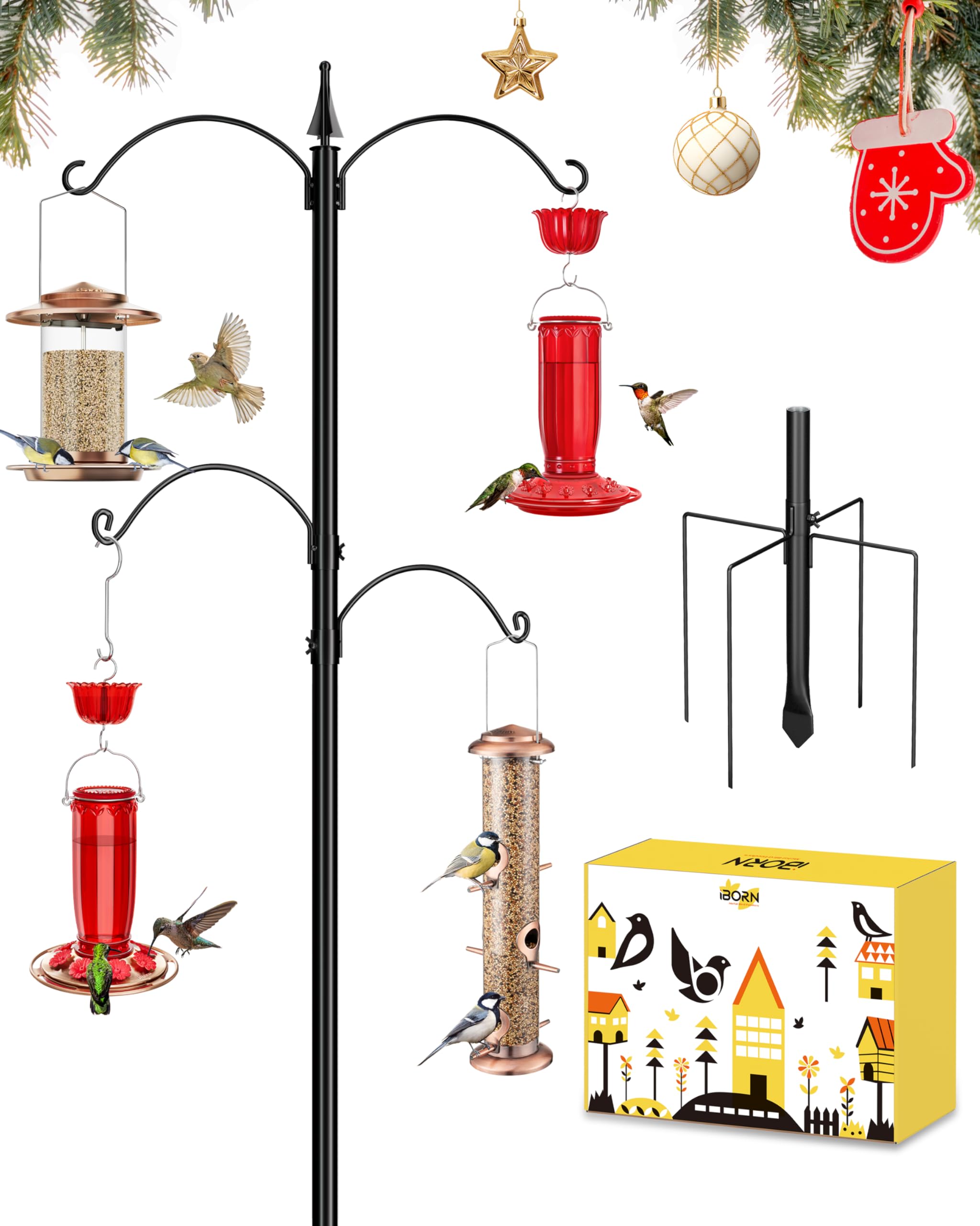 iBorn Bird Feeder Pole 1 Inch Thickness Pole Wild Bird Feeding Station Stand Shepard Hook for Bird Feeders, with 2Top Hooks& 2 Adjustable Hooks,5-Prong Pole Stabilizer(Bird Feeders NOT Included)