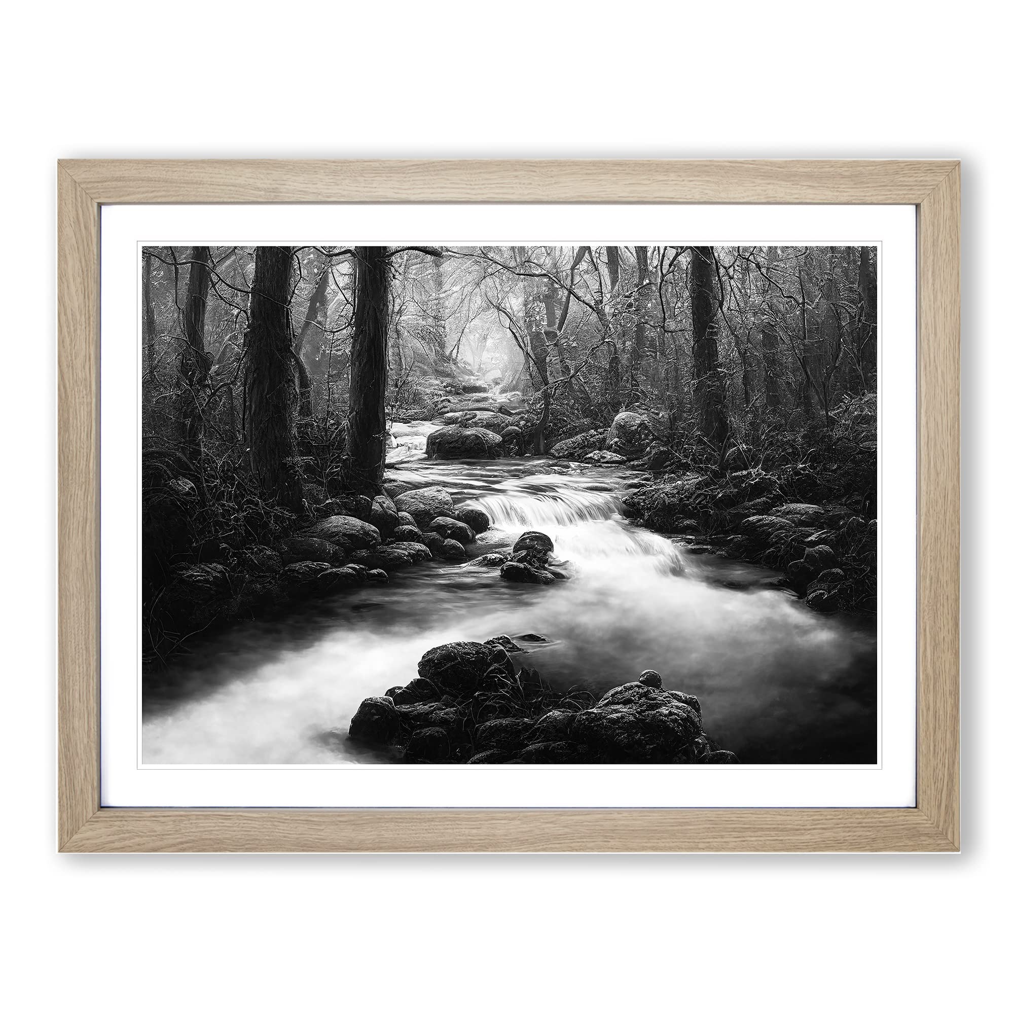 Monochrome Forest Stream Framed Print | A3 Oak Framed Wall Art | Ready to Hang | Modern Landscape Picture | Living Room Bedroom Lounge Office