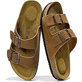 Project Cloud 100% Genuine Leather Mens Sandals - Memory Foam Insole & Cork Footbed Slides for Men Footwear - Non-Slip Summer Sandals for Men & Lightweight Mens Slides (Heritage)