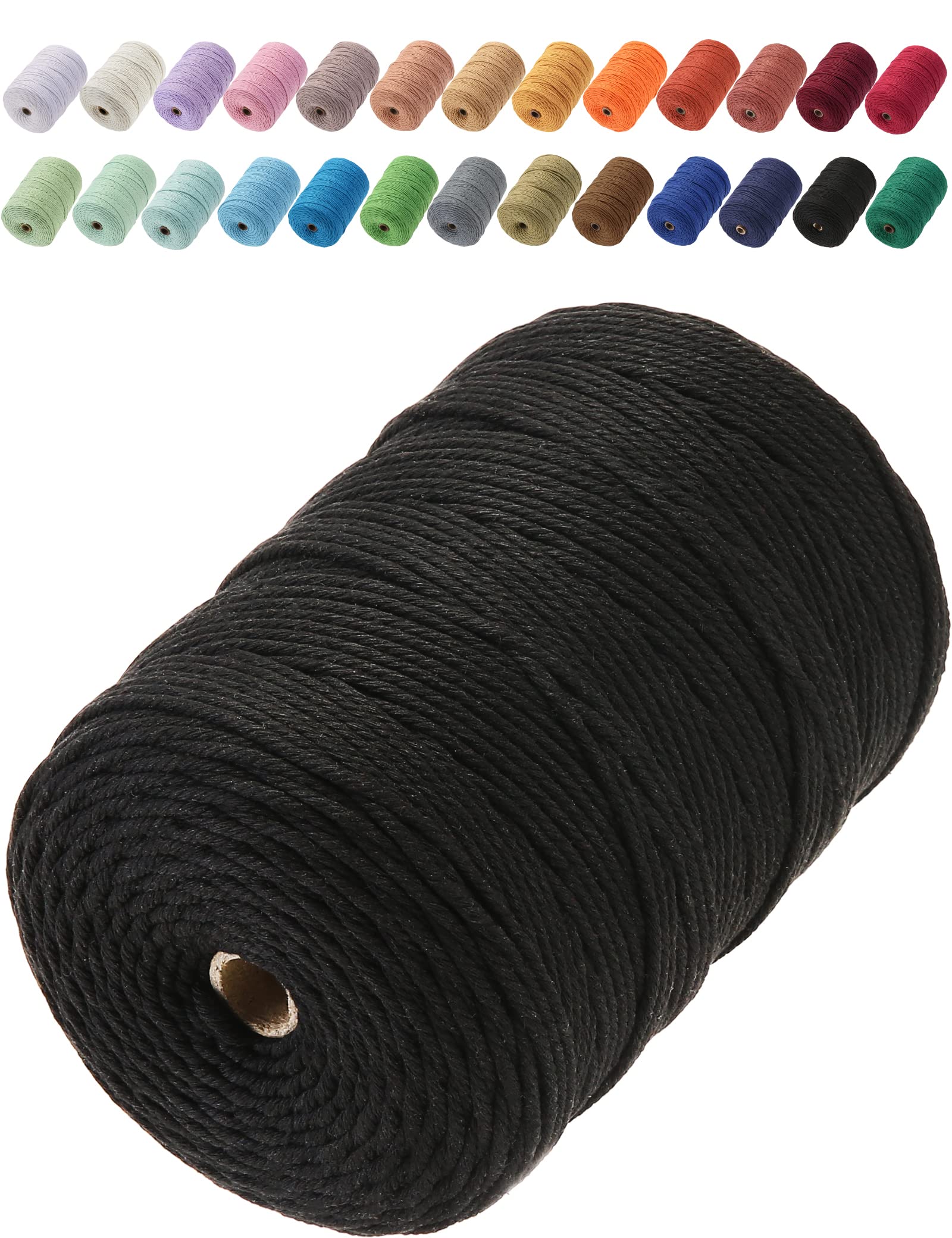 GOHOF Macrame Cord 3mm x 200m Premium Cotton Macrame Rope, 4 Strand Twisted Soft Cotton Cord, One of The Most Perfect Materials for Macrame Art, Cotton String Without Chemicals (Black) — image 1