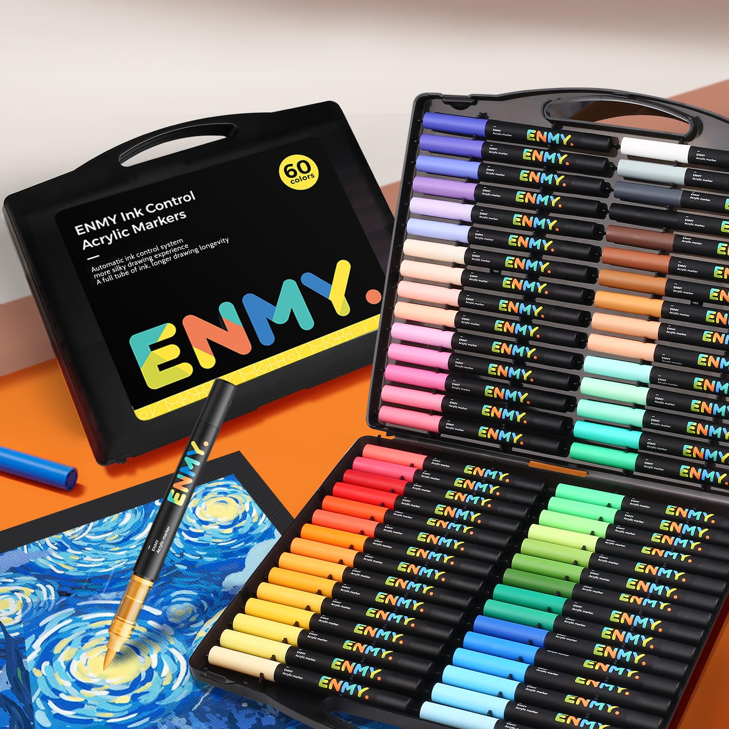 Photo 1 of ENMY 60 Colors Acrylic Paint Markers, Direct Liquid Acrylic Paint Marker Pen, Fabric Markers for Textile, Canvas, Rock, Glass, Wood, Paper, DIY, Acrylic Coloring Pens for DIY Craft Supplies