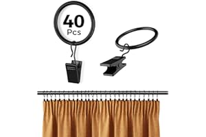 IFELS Curtain Rings with Clips 40 Pack, Black Curtain Clips with Rings, Drapery Rings 1.26 Inch Interior Diameter, Curtain Hooks with Clips Fits Up to 1 Inch Curtain Rod, Metal (Black,1.26"| 40 PC)
