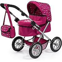 Bayer - Dolls Pram Trendy Pink Dots - Baby Doll Stroller for Dolls with Bag, Adjustable Handle, Foldable, Big Wheels - Dolls 