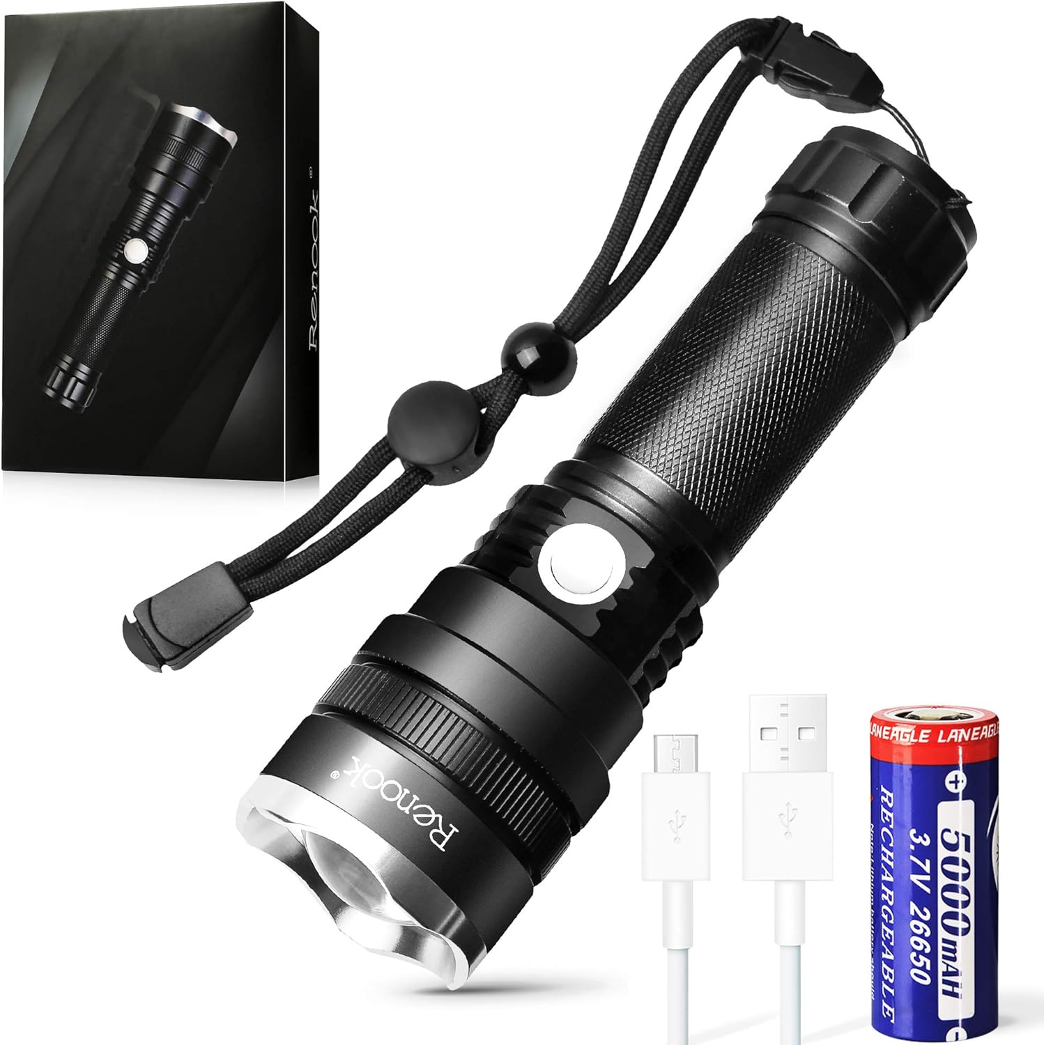 RENOOK Rechargeable Flashlight, 1200 High Lumens Professional Tactical Flashlight, 26650 5000 mAh battery included, for Hiking, Camping, and Hunting. - - 