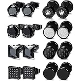 ORAZIO 8 Pairs Stainless Steel Black CZ Stud Earrings Set for Men Women Silver Cubic Zirconia Barbell Earrings（Black）