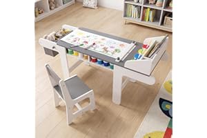 KOTEK Kids Art Table and Chair Set, Wooden Children Activity Desk with 4 Paint Cups, Paper Roll, Storage Bins, Open Shelves f