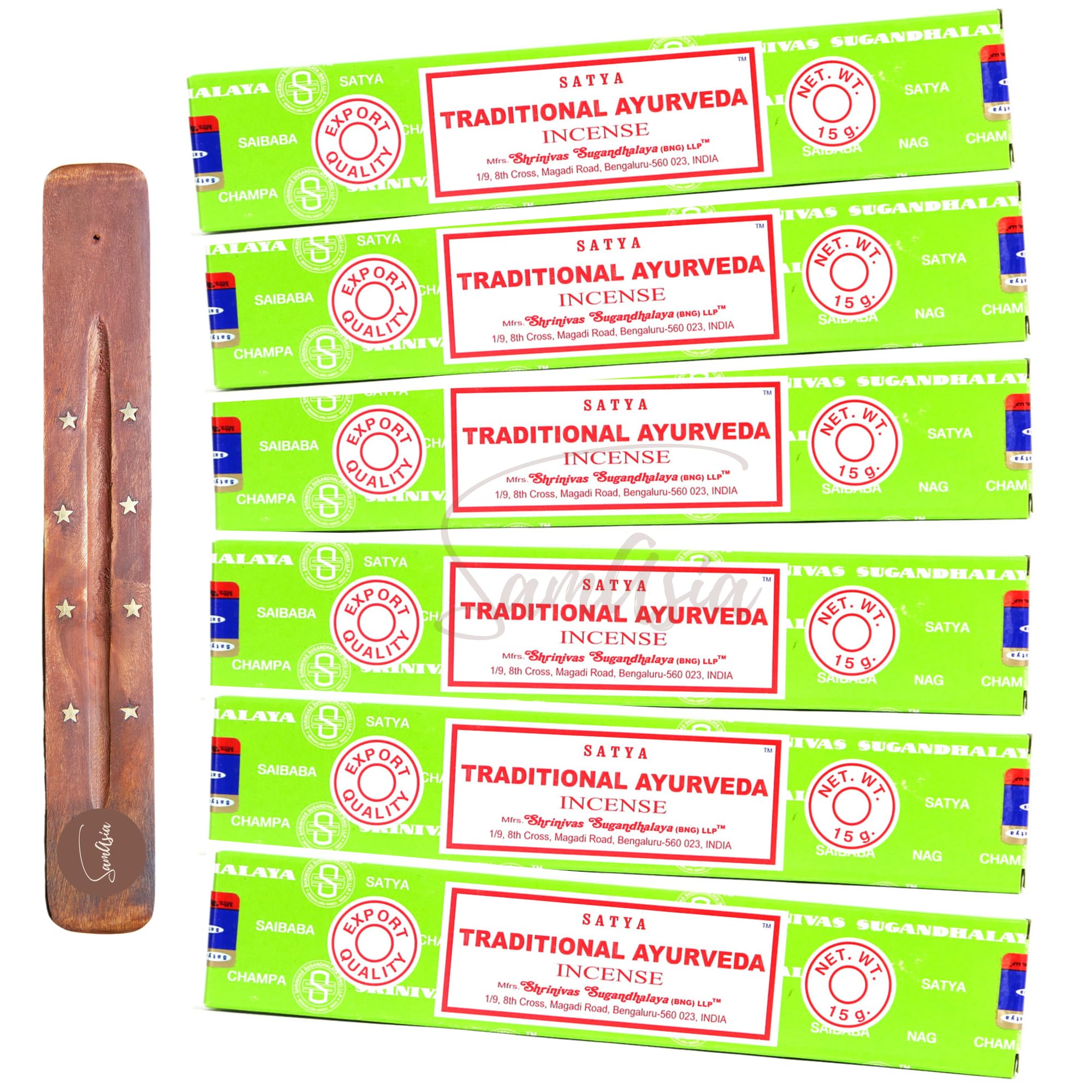 Satya Nag Champa Traditional Ayurveda Incense Sticks | x6 pack | with SAMASIA incense sticks holder | Used for Aromatherapy, Spa, Yoga, Weddings, Meditation, Healing, Positivity and Relaxation