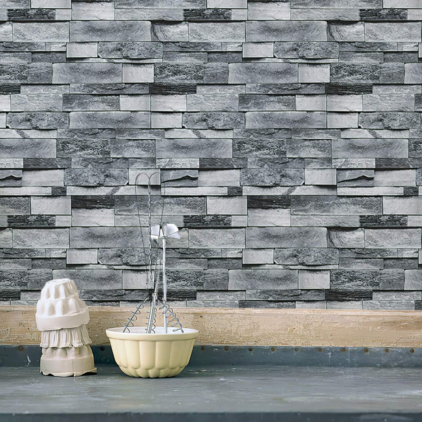 Ohmywor Brick Self Adhesive Peel and Stick Wallpaper Grey Brick Effect Wallpaper Sticker Lining Paper Sticky Back Plastic for Bedroom Bathroom 45x600CM - Image 3