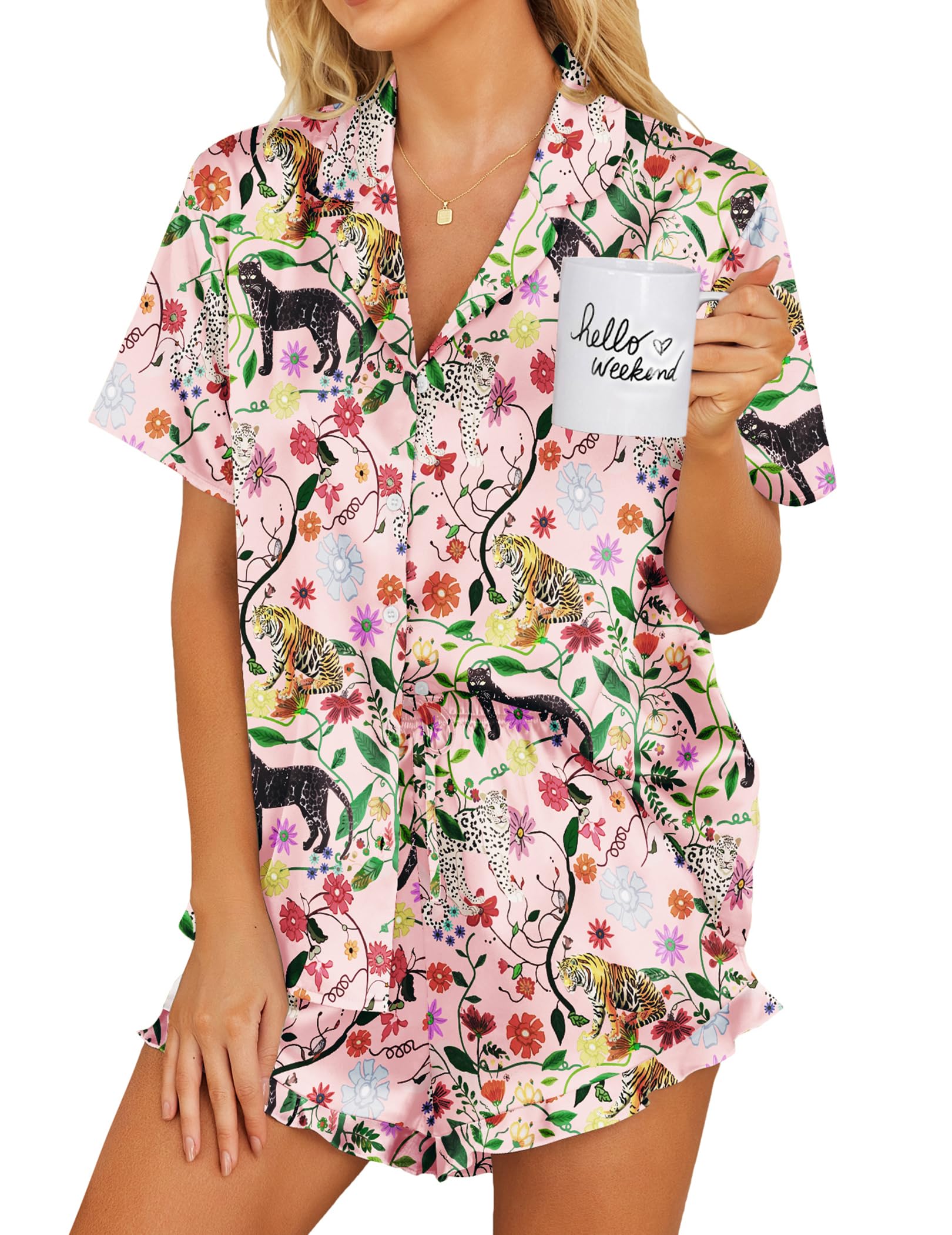 Ekouaer Silk Pajamas Womens Short Sleeve Sleepwear 2 Piece Satin Pjs Shorts Set Button Down Loungewear Pink Tiger S Image