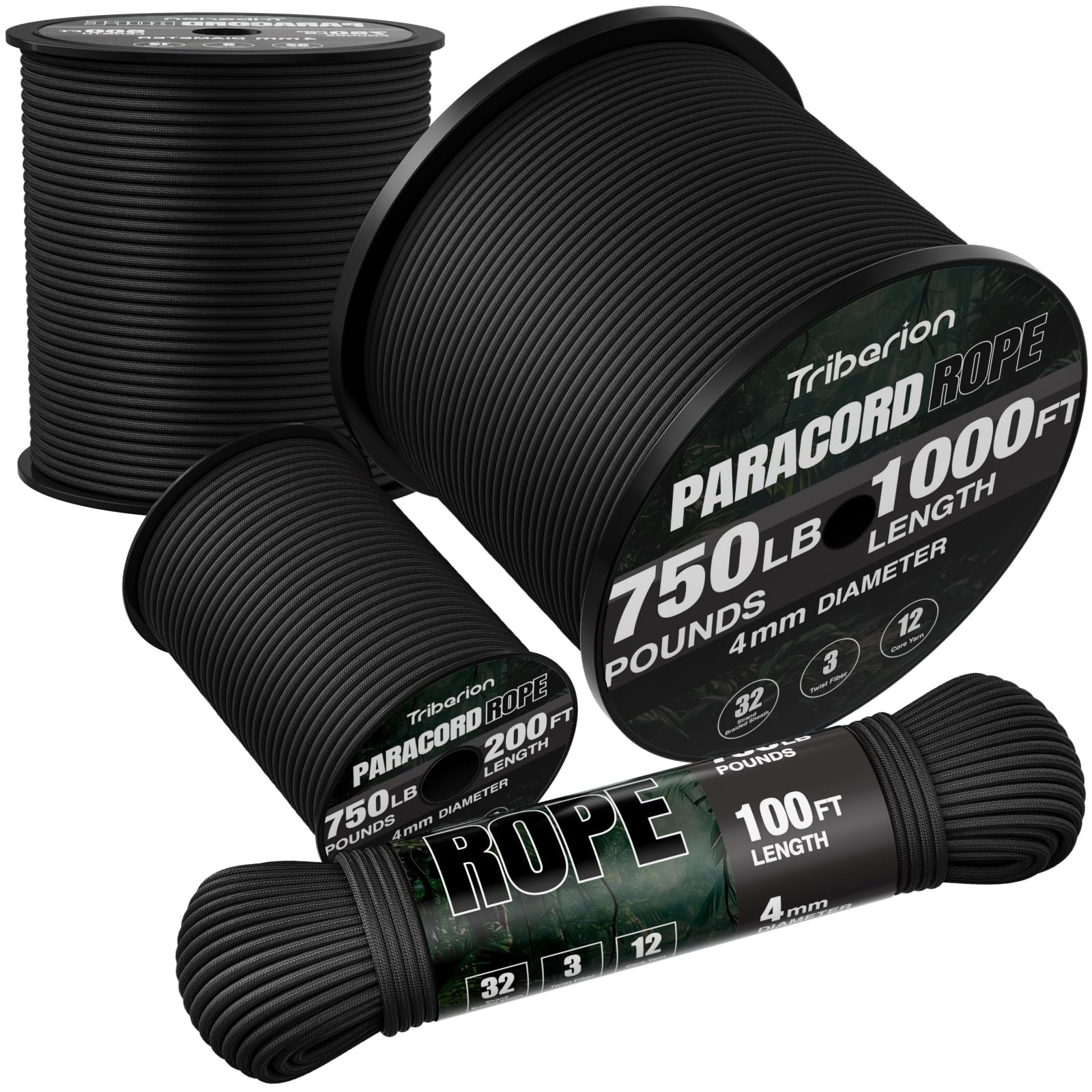 TRIBERION Paracord Rope 750 lb - 50ft 5/32" Parachute Cord 4MM 12-Strand para Cord - Heavy Duty Spool String for Survival,Camping Gear, Survival Bracelet, Clothesline - Black