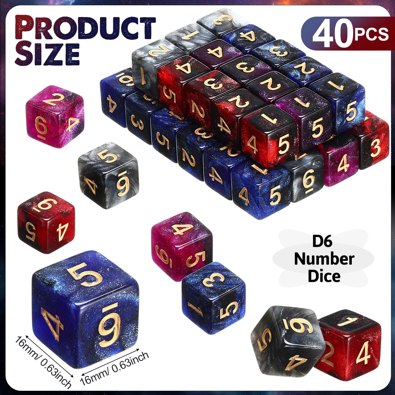 Poen 16mm Dice Set Bulk, 6 Sided Standard Colored Dices with Numbers, D6 Polyhedral Games Dice for Board Games, Parties(Vibrant Color,40 pcs)