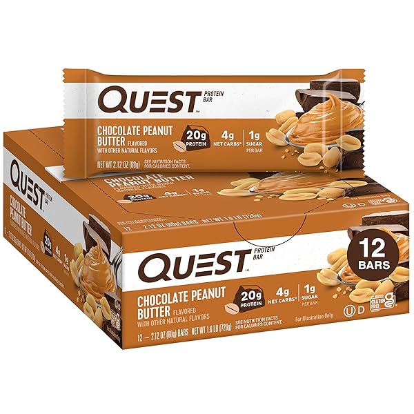 QUEST NUTRITION CHOCOLATE PEANUT BUTTER BARS, 20G PROTEIN, 1G SUGAR, 4G NET CARB, GLUTEN FREE, KETO FRIENDLY, 12 COUNT