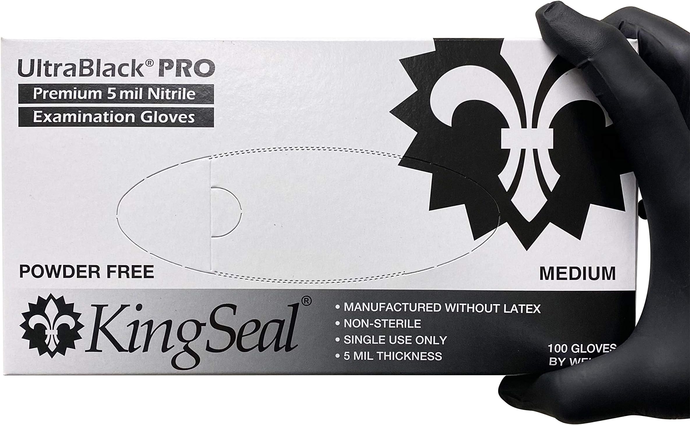 KingSeal UltraBlack-PRO Nitrile Medical Grade Exam Gloves, Black, 5 MIL, Textured - 100 gloves