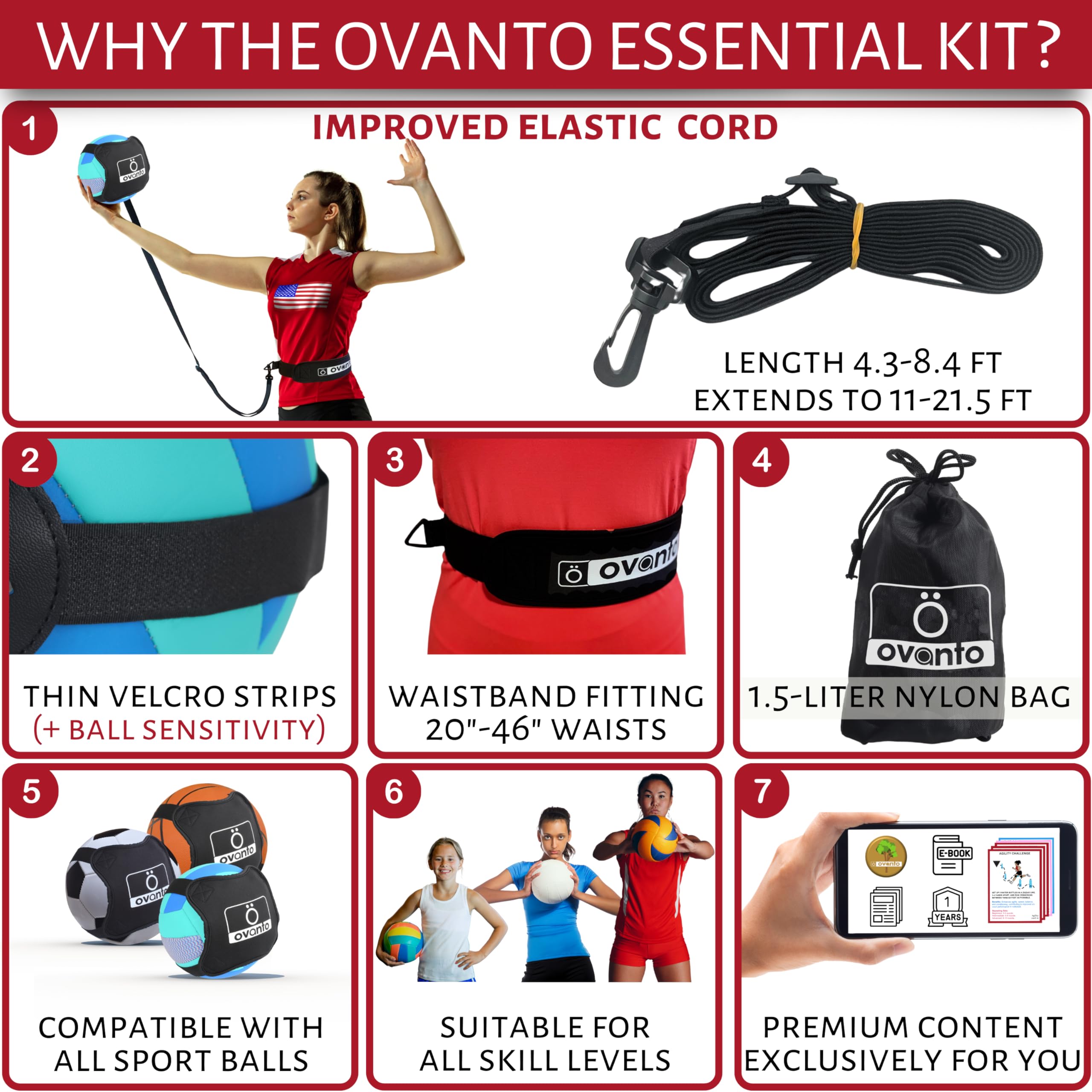 OVANTO Volleyball Training Equipment Aid – Solo Volleyball Equipment in 4 Styles to Serve, Spike, Set and Pass Like a Pro - Adjustable Volleyball Practice Equipment Gift for Beginners & Experts