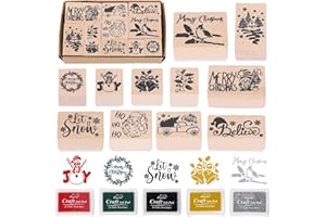 JarThenaAMCS 16Pcs Merry Christmas Wooden Rubber Stamps with Craft Ink Pads Xmas Mixed DIY Craft Stamps for Party Gift Decor Scrapbooking Cards Making