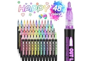 HOXIDA Double Line Outline Markers, 48Colors Super Squiggles Shimmer Outline Marker Pen Set, Self Outline Metallic Markers Glitter Writing Drawing Pens for Birthday Greeting Card, Doodling, DIY Art Crafts