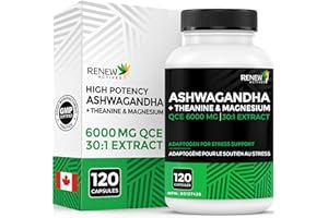RENEW ACTIVES High Potency Ashwagandha + Theanine & Magnesium – QCE 6000MG 30:1 Extract – Supports Stress Relief, Calm Focus 