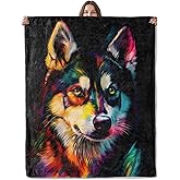 Lugiu Neon Husky Dog Blanket, Lightweight Comfy Bold and Colorful Puppy Art Blankets for Couch Sofa Bedroom, Soft Plush Travel Flannel Throw Blanket Gifts for Adults Kids Women Men, Home Decor 60×50in