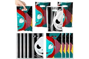CYjorkbgg Halloween Party Favor Bags - 50PCS Jack and Sally Candy Bags for Kids Cartoon Skull Plastic Bag Bulk with Handle Happy Halloween Trick or Treat Goodie Bags Halloween Christmas Party Supplies
