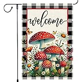 Welcome Mushrooms Garden Flag 12x18 Inch Burlap Double Sided, Buffalo Plaid Flowers Butterfly Colorful Floral Small Home Yard Outdoor Lawn Decor Rustic Farmhouse Flags Decorations