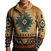 Kubsid Mens Sweatshirts Casual Vintage Western Ethnic Pullover Stand Collar 1/4 Button Up Fall Fleece Polo Shirts