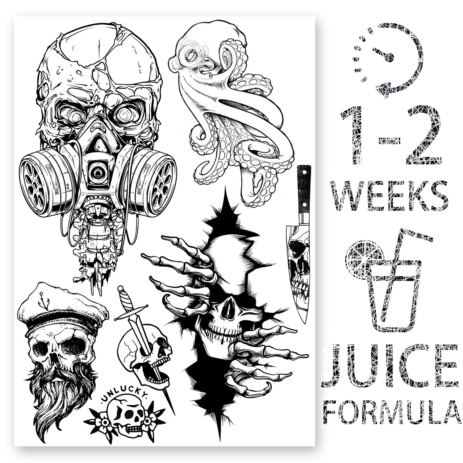 AWAKEN Fake Temporary Tattoos Men Arm Chest Stickers Plant-based Waterproof Last 1-2 Weeks Skull Cthulhu Pirates (Disegn 4)
