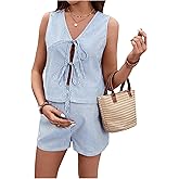 SHENHE Women's Maternity 2 Piece Outfits Striped Tie Front Vest Tank and Shorts Summer Y2k Set
