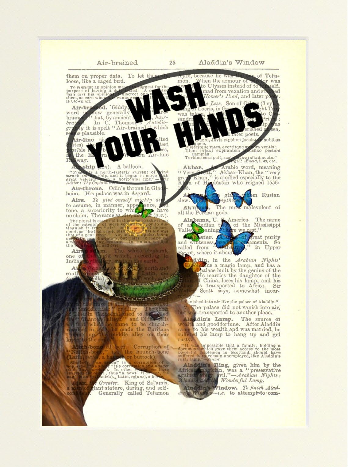 Dictionary Art Print Steampunk Horse Hat Wash Your Hands. Funny Loo Toilet Bathroom Sign Poster printed on a Vintage Book Page. Mounted ready to fit an A4 Frame