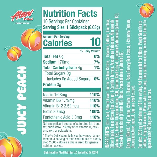 ALANI NU JUICY PEACH ENERGY STICKS | ENERGY DRINK POWDER | 200MG CAFFEINE | PRE WORKOUT PERFORMANCE WITH ANTIOXIDANTS | ON-THE-GO DRINK MIX | BIOTIN, B VITAMINS | ZERO SUGAR | 10 CALORIES | 10 PACK
